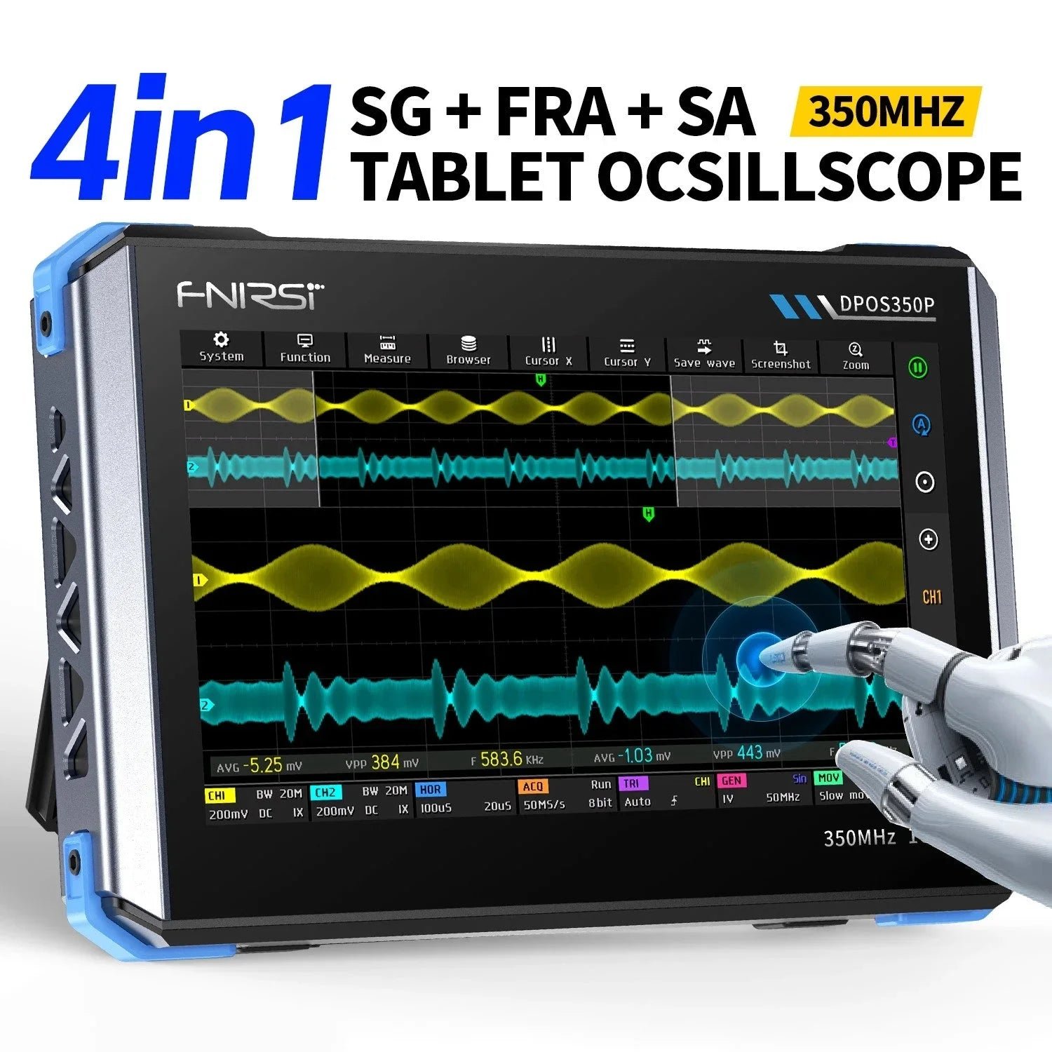 FNIRSI® DPOS350P 4-IN-1 350MHz 1GSPS Tablet Oscilloscope Signal Generator Spectrum Analyzer Frequency Response Analyzer - Image 2