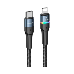 USAMS US-SJ538 U76 Type-C To Lightening PD-20 Watt Aluminum Alloy Colorful Lights Fast Charging Data Cable Black 1.2M